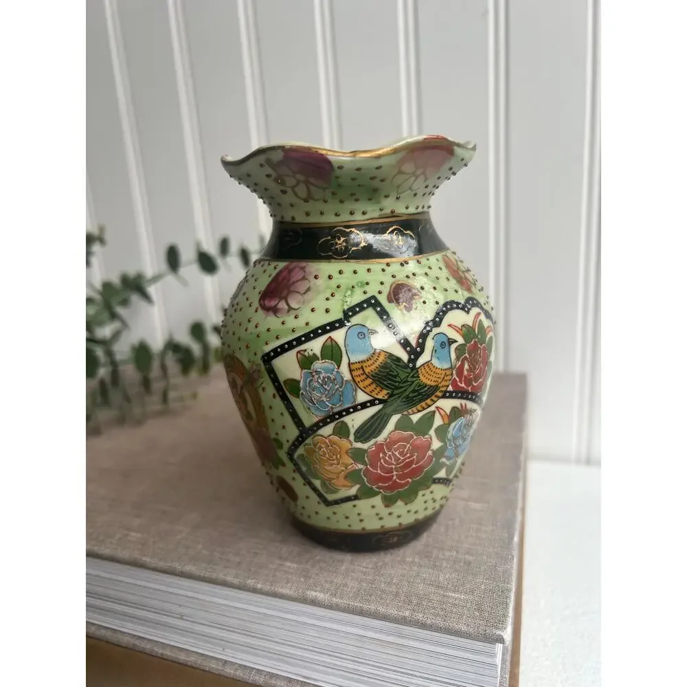 Vintage Aris Import Blue Bird Motif Asian-Inspired Floral Vase | 5